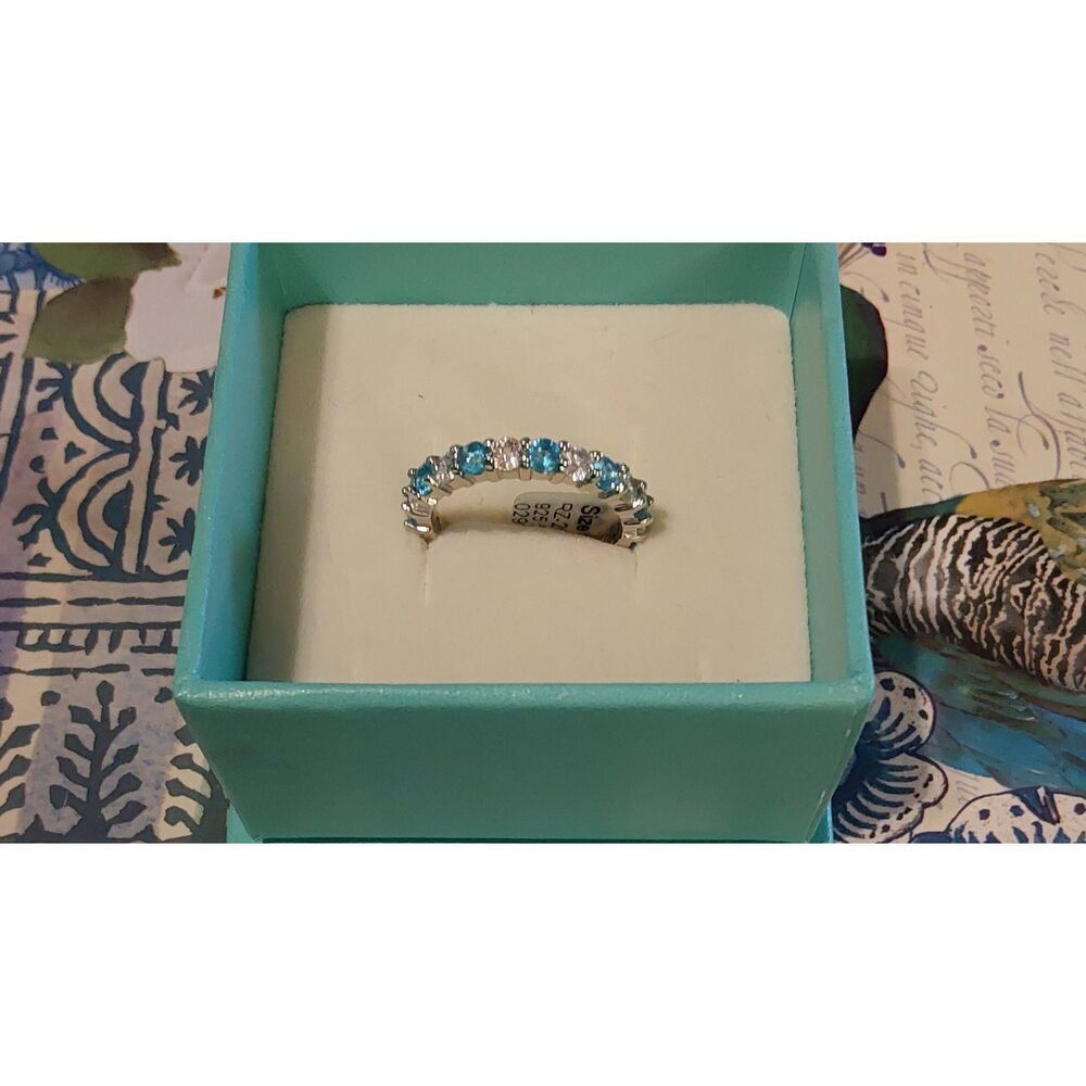 Sterling Silver/Platinum 2 Ct. Round Blue & White Topaz Eternity Band Ring #8